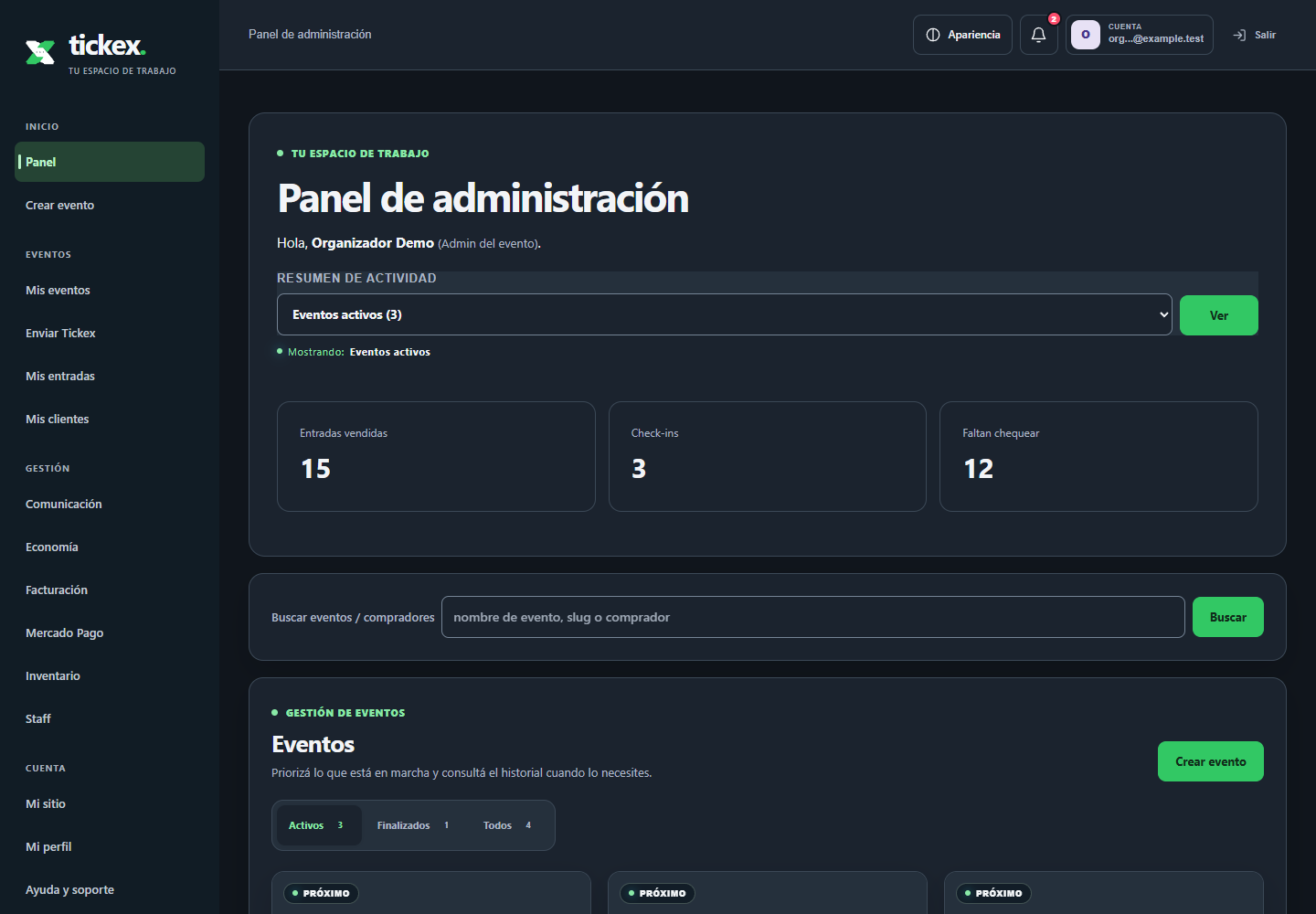 Panel de Tickex con datos de demostración